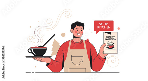 Soup Kitchen Volunteer Serving Hot Meal with Charity Invitation