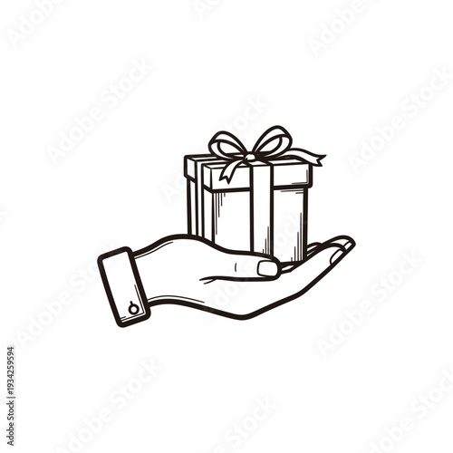 Hand holding a gift box with a ribbon from a generous person's perspective in a simple line art style