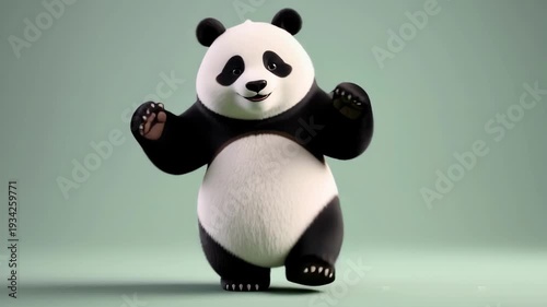 Cute 3D Animated Panda Walking and Waving on Green Background