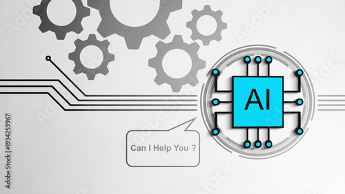 AI chip icon, mechanical gears, and a 'Can I Help You?' speech bubble, symbolizing artificial intelligence support, automation, and industrial innovation in a clean, modern digital style