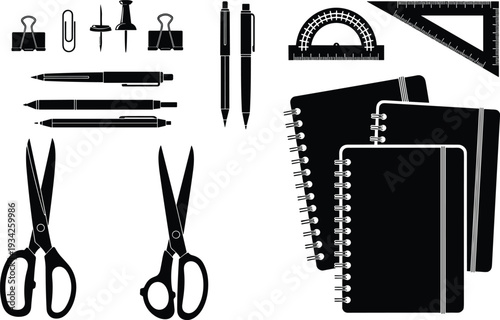Black and white school stationery silhouettes set with scissors, pens, notebooks, ruler, protractor and office supplies illustration collection