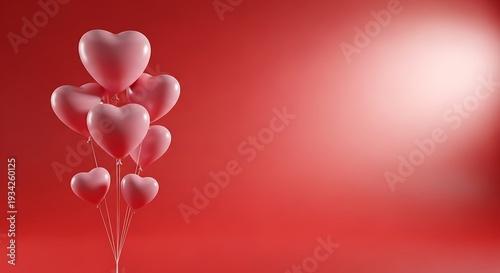 Cluster of pink heart shaped balloons floating against a vibrant red background with soft lighting