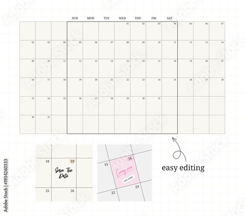 Perpetual calendar template design for marketing advertising, sale announcements and other needs. Elegant monthly calendar in the form of a table, easy editable
