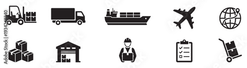 Logistics icon set featuring delivery, shipping, cargo, warehouse, supply chain, transportation, tracking, and freight icons for business and apps. Vector illustration. 