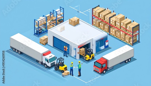 Isometric Warehouse distribution center with trucks and workers AI Generative Scene Illustration