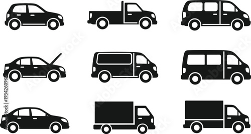 Car and truck vehicle silhouette icons set transport collection van pickup sedan delivery illustration isolated on white background
