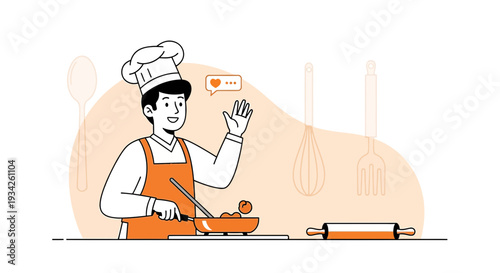 Smiling Chef Waving Hello While Cooking Food in Kitchen, Online Cooking Class Concept