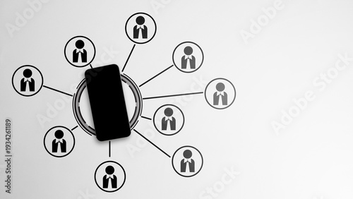 Minimalist top-down view of a black smartphone acting as a central hub connected to multiple person icons, symbolizing digital networking, social media, and mobile communication