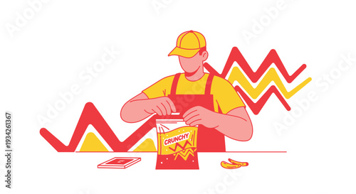 Snack Time: Man Opening Bag of Crunchy Chips with Abstract Background