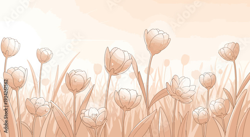 Soft Peach Tone Watercolor Tulips Field Landscape, Gentle Bloom Garden