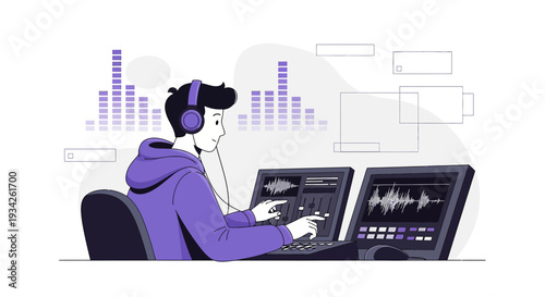 Sound Engineer Working on Audio Editing Software with Music Equalizer