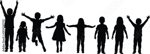 Children silhouettes collection in playful and standing poses, happy kids black and white illustration set isolated on white background