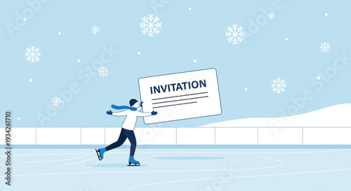 Skater holding invitation card on ice rink with snowflakes, winter scene