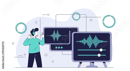 Sound Engineer Analyzing Audio Waveforms on Computer Screens