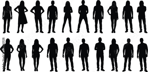 Collection of standing men and women silhouettes in various poses, black and white human figure set for design, crowd and character concepts