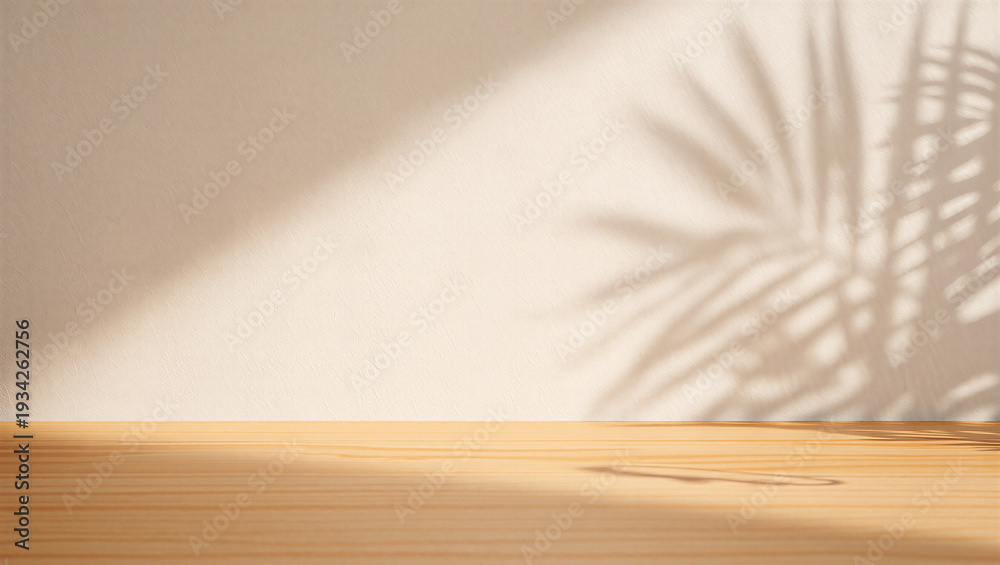 Obraz premium Wooden table top with palm leaf shadow on beige wall for product display background
