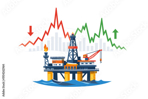 Oil rig with volatile stock market graph, energy sector fluctuations