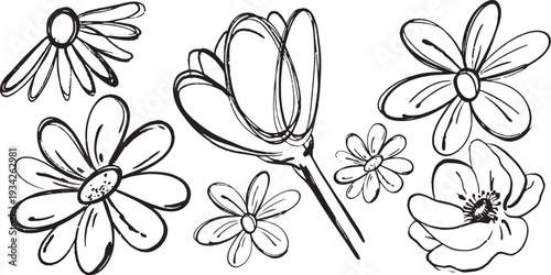 Black hand drawn floral icons, rough textured sketch variations, bold outlines, scribbled shading, creative abstract floral symbols, artistic graphic design accents.