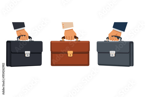 Three hands holding briefcases for business deal or negotiation