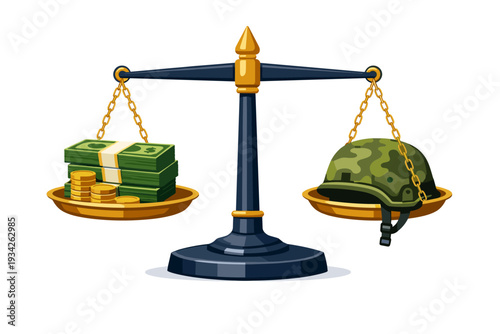Balance scale with money and military helmet, cost of war concept