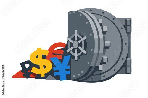 Vault door closing on pile of international currency symbols