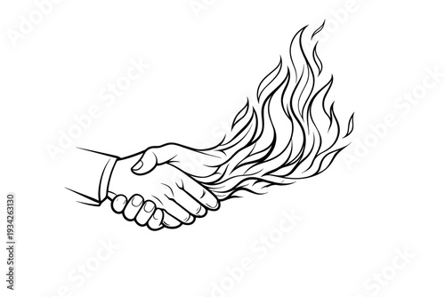 Business handshake erupting into flames, failed deal concept illustration