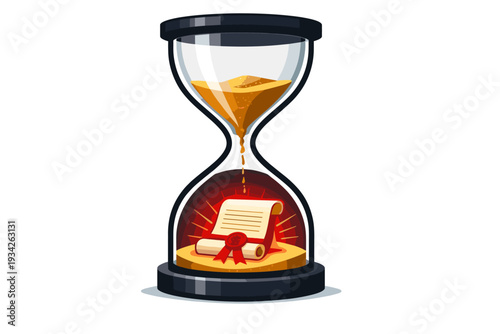 Hourglass with diploma expiring, concept of diplomacy time running out
