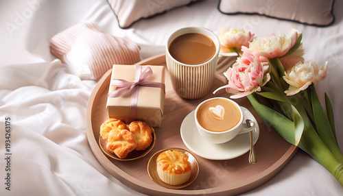 Breakfast in bed with coffee, flowers, and a gift for mom in a cozy home setting Generative AI