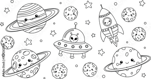 Cute Space Doodle Coloring Page with Planets, Rocket Ship, UFO and Stars Black and White Vector Illustration