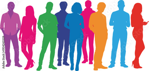 Colorful diverse people silhouettes group standing together isolated on white background modern community and teamwork concept vector illustration