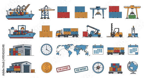 Logistics and shipping icons set for global trade and delivery services.