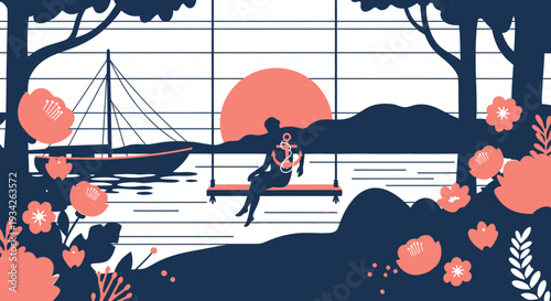 Serene Sunset Swing: Woman on Swing, Sailboat, Floral Landscape