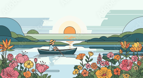 Serene Sunrise Boat Ride with Colorful Flowers - Peaceful Landscape Illustration