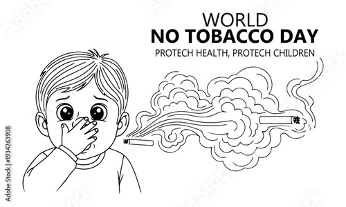World No Tobacco Day illustration of a child covering nose from cigarette smoke, protect health and children campaign line art vector

