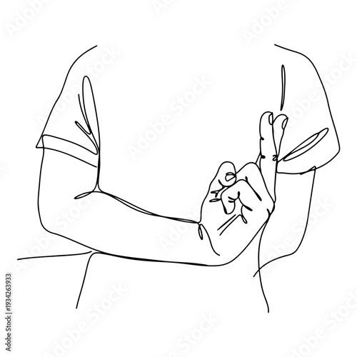 Minimalist continuous line drawing of a person making fingers crossed gesture for good luck and hope, vector illustration isolated on white background

