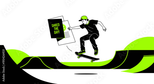 Skateboarder Jumps with "Shred the Day" Card, Dynamic Graphic Illustration