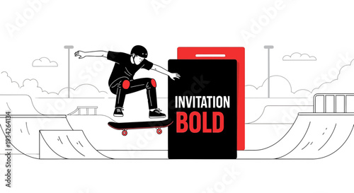 Skateboarder Jumping Near Bold Invitation Design in Skatepark