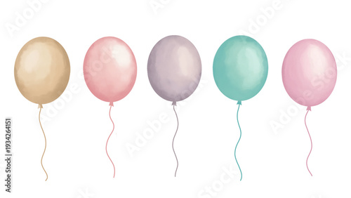 Hand-drawn illustration of five soft-colored balloons in kids style, transparent background.