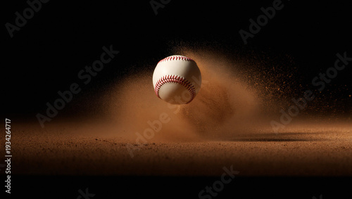 Foto Classic baseball suspended in mid-air, engulfed by an explosive cloud of brown d