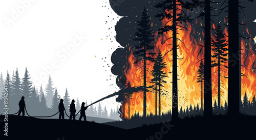 Silhouette of firefighters battling a raging forest fire with flames and smoke in a wooded area at dusk.