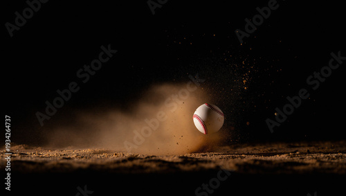 Tableau sur toile Baseball partially obscured by a rising cloud of red-brown dust after a powerful