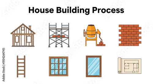 Flat lay illustration of house building process icons on white background