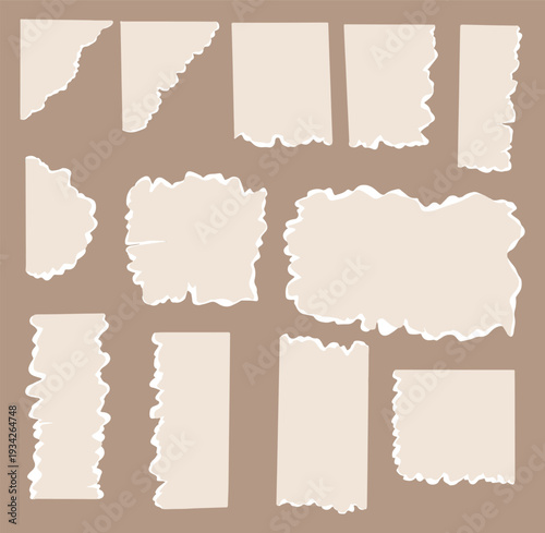 Light beige paper shapes with jagged uneven edges. Torn paper, shreds of notebook pages, old newspaper. Torn paper pieces set. Ripped fragments for message label, banner, collage, text box, sticker