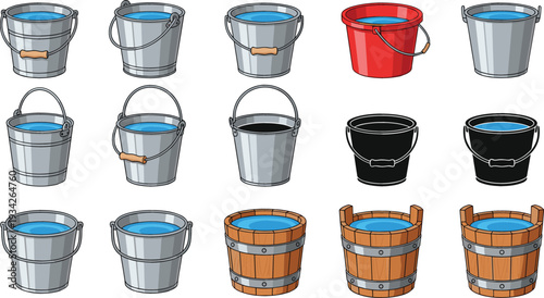 Water Buckets Collection with Metal, Plastic and Wooden Pails Filled with Blue Water Vector Illustration Set