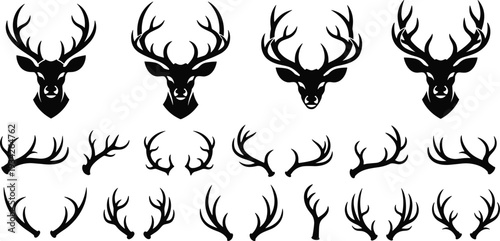 Deer head and antlers silhouette collection, black and white stag logo design elements for hunting, wildlife and emblem illustration