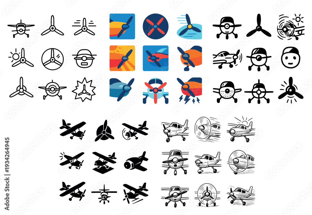 Naklejka premium Aviation icons with propeller plane blades colorful
