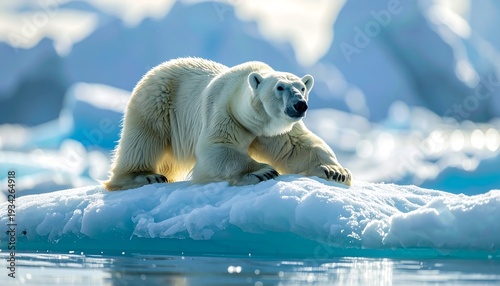 A majestic polar bear navigates a fragmented ice floe, arctic waters