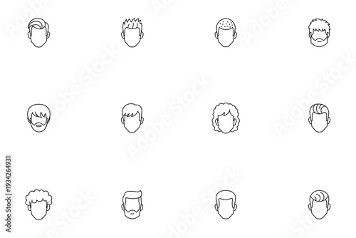 Set of minimalist line art icons featuring various men's hairstyles and haircuts for barbershop and male grooming design