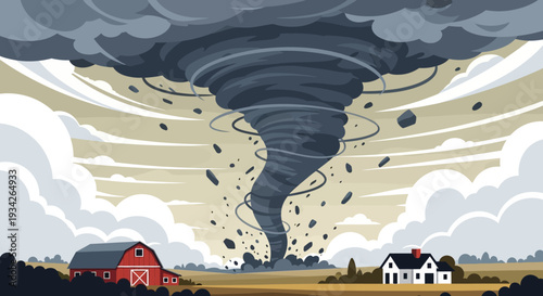 Illustration of a large tornado approaching a rural landscape with a red barn and white house.