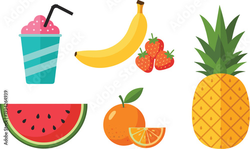 Fresh Summer Fruits Set with Watermelon, Banana, Strawberry, Orange, Pineapple and Smoothie Drink Vector Illustration